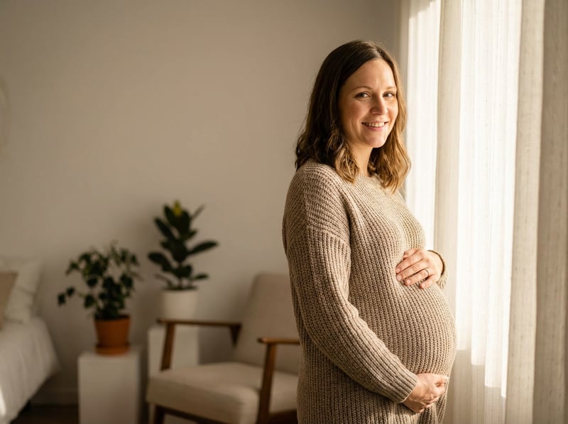 Mujer embarazada feliz con manos sobre la barriga