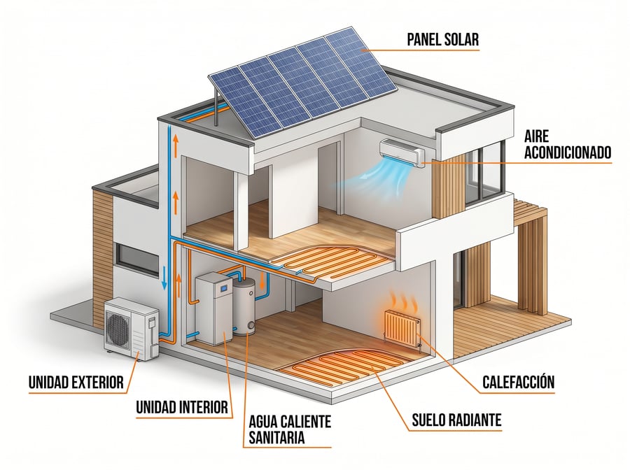 Sistema de aerotermia: calefacción, aire acondicionado, agua caliente y suelo radiante en una vivienda