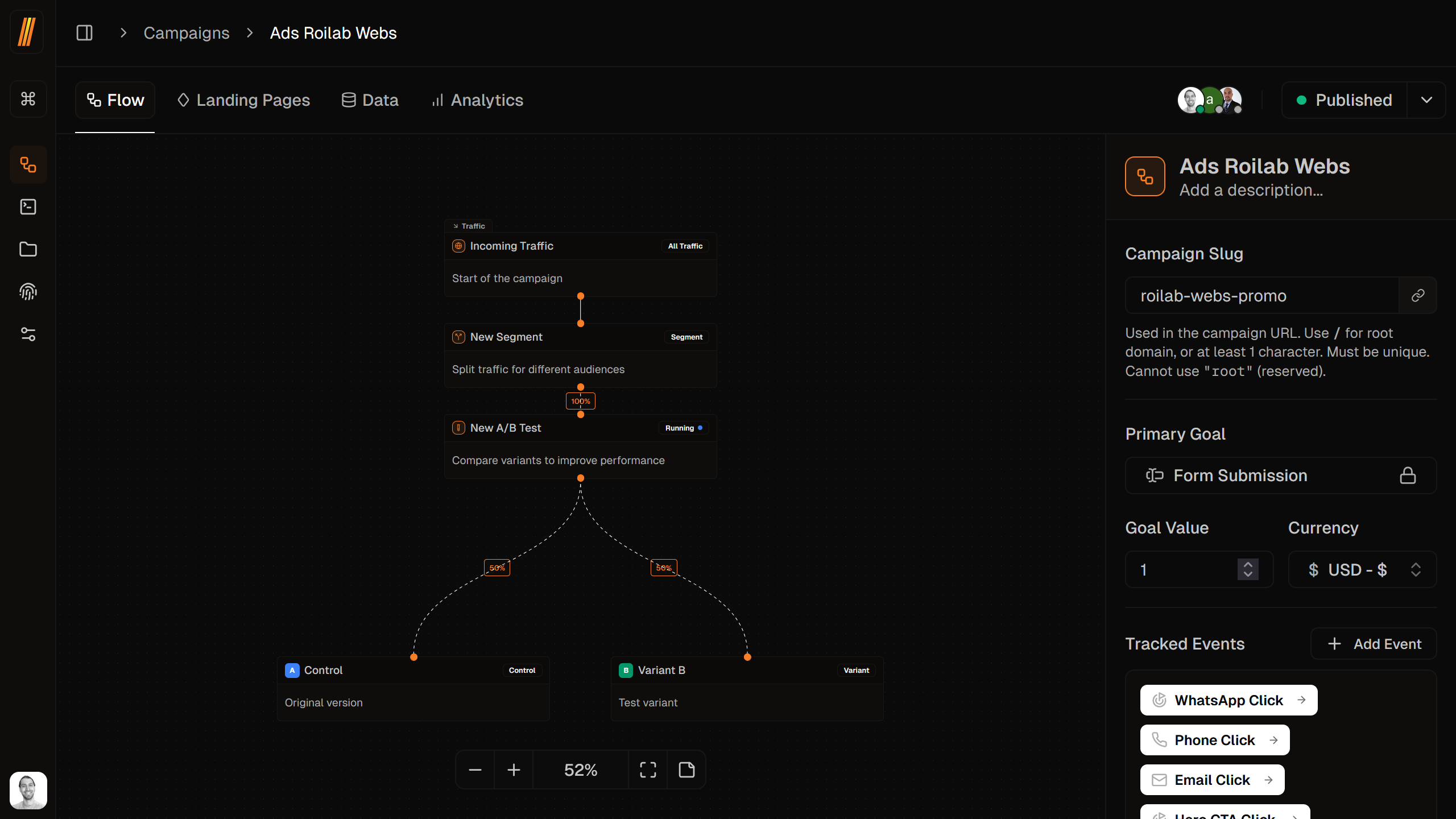 Visual campaign flow builder with connected nodes