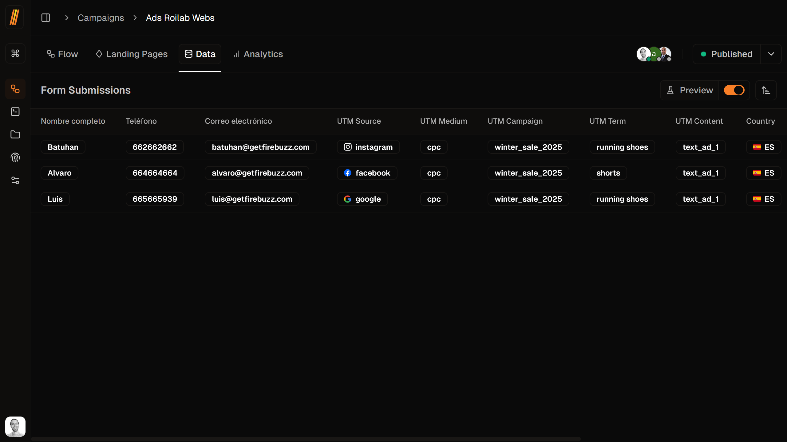 Form data view showing submissions and analytics