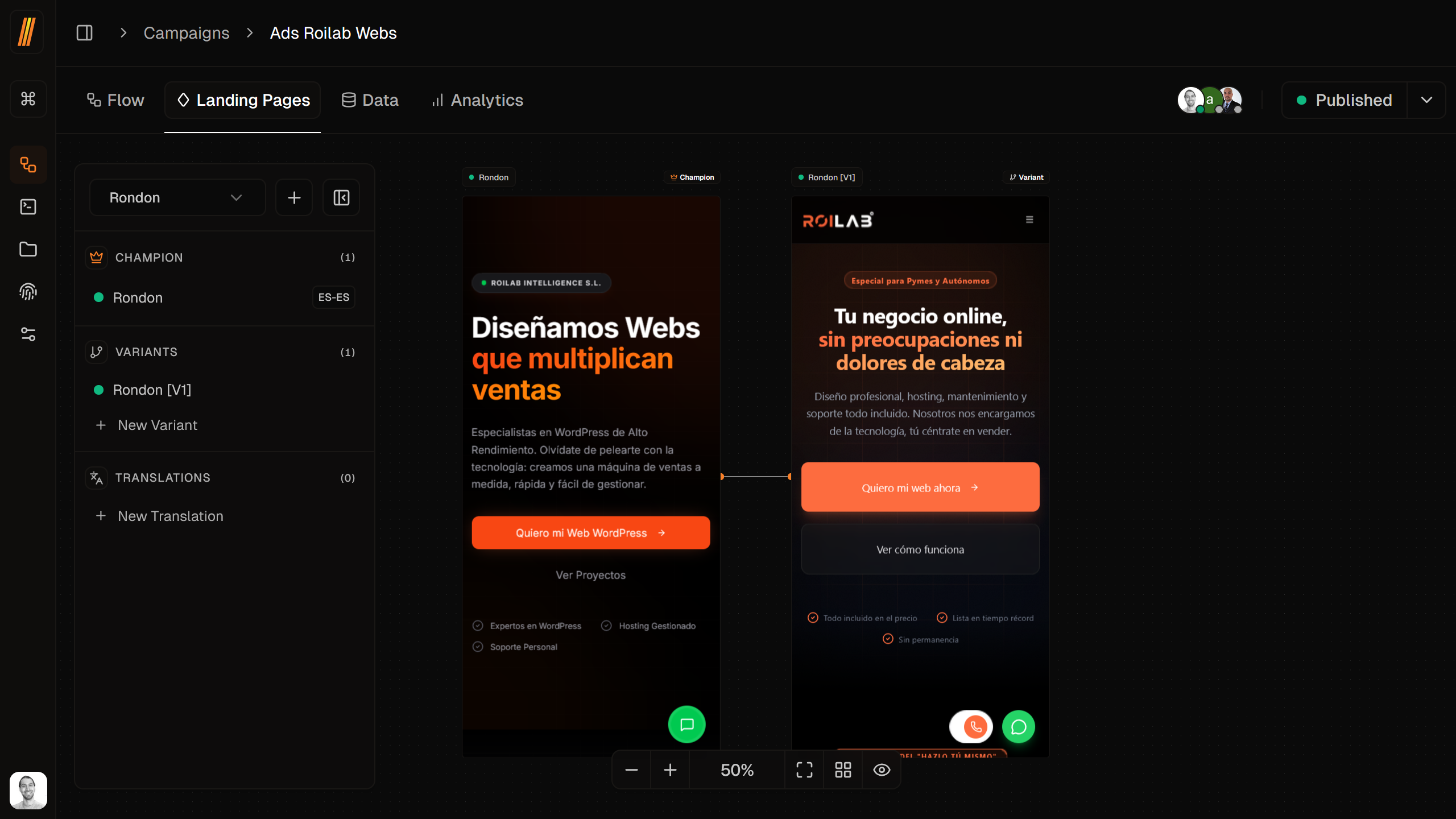 Side-by-side comparison of A/B test variants