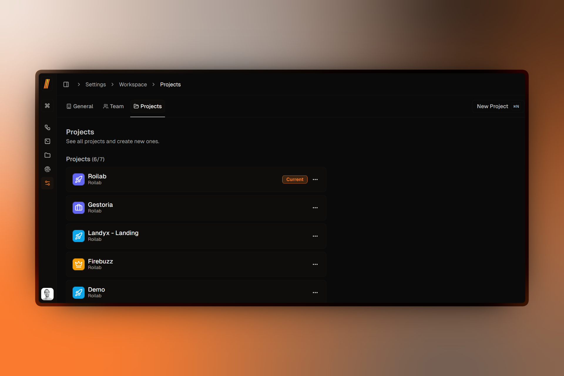 Projects list in workspace settings showing project cards with icons, colors, and Current badge