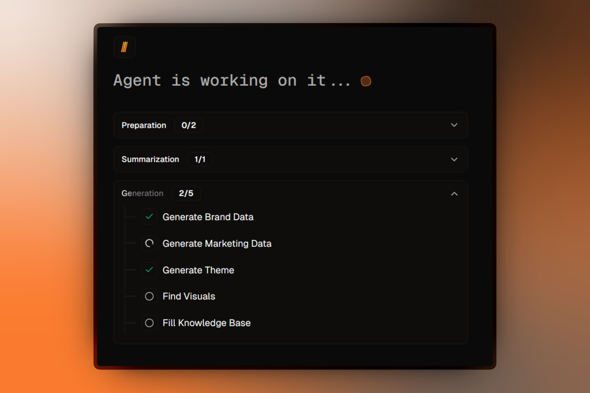 AI workspace setup showing collapsible task groups with progress indicators and completion status