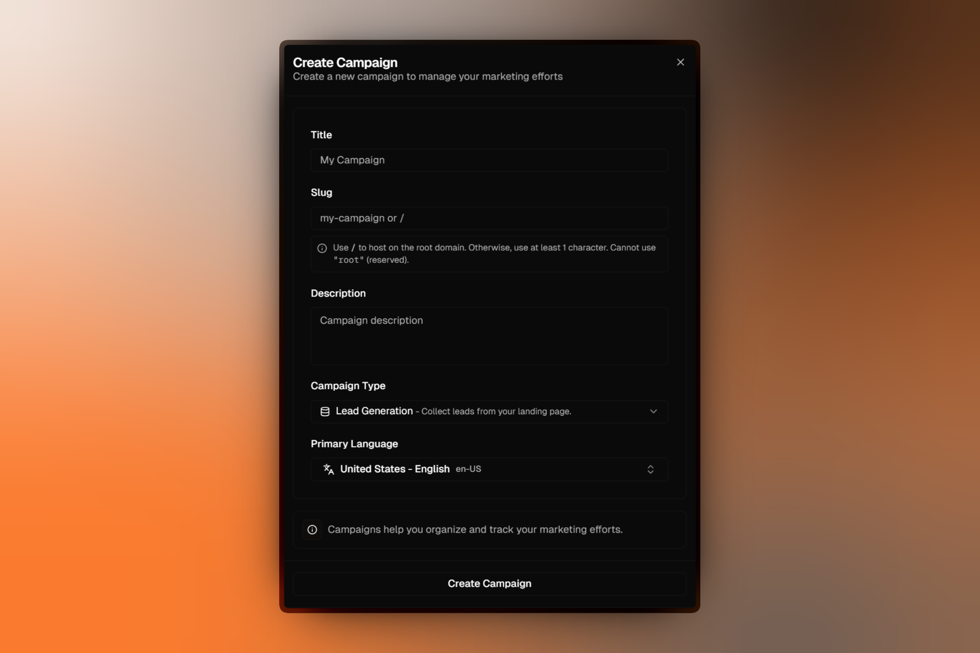 Campaign creation modal showing the form with title, slug, description, type, and language fields