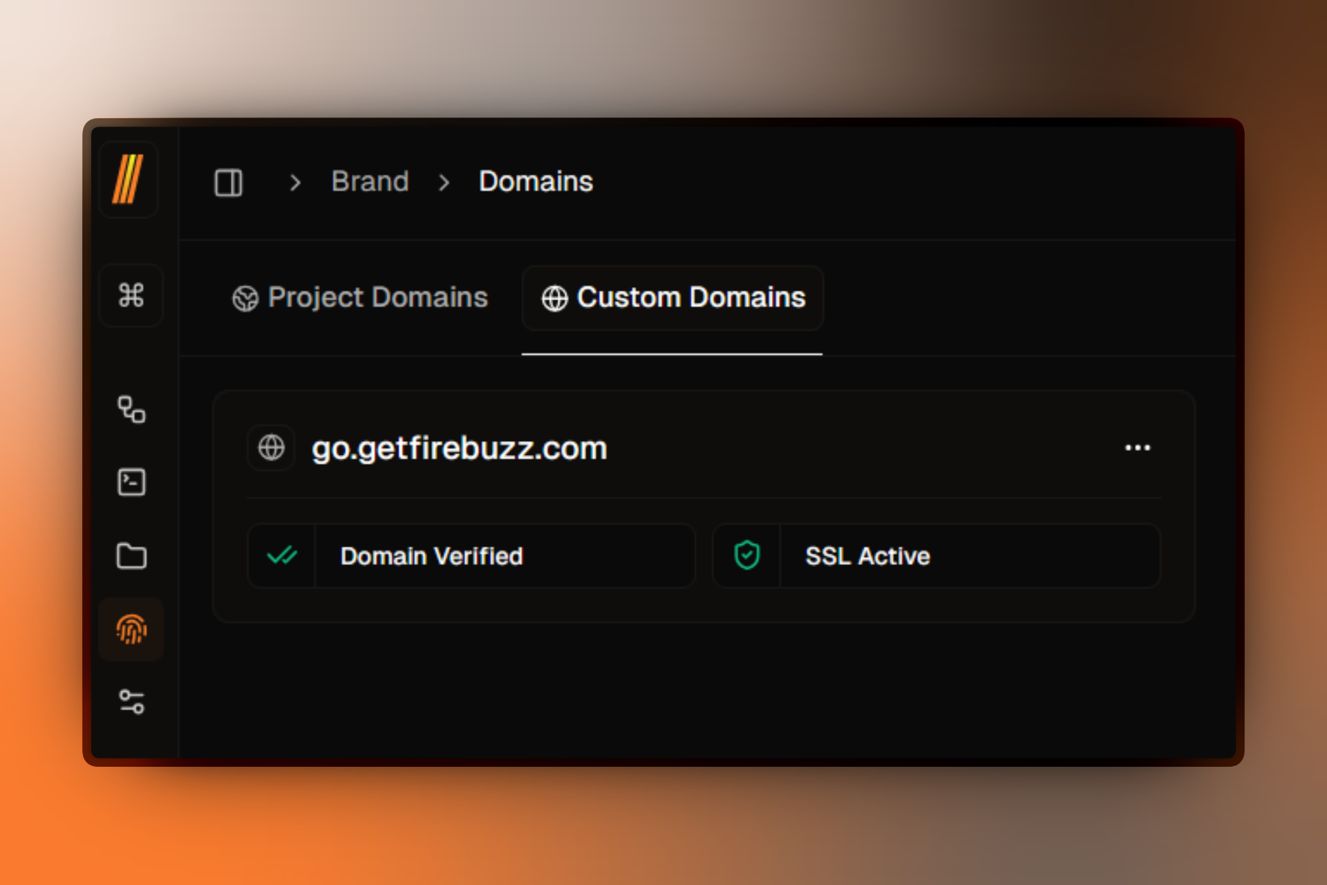 Domain configuration screen showing Project Domains and Custom Domains tabs with subdomain setup form