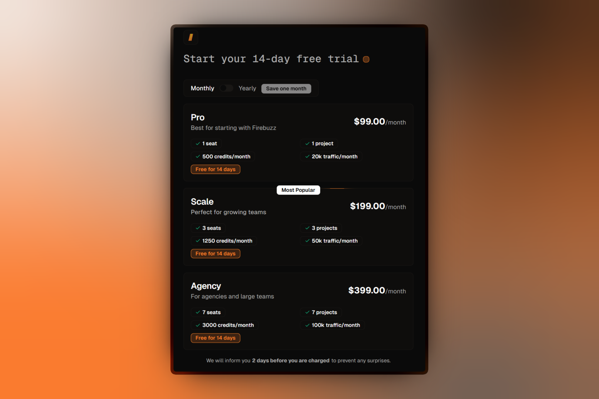 Plan selection screen showing Pro, Scale, and Agency tiers with Free for 14 days badges and monthly/yearly toggle